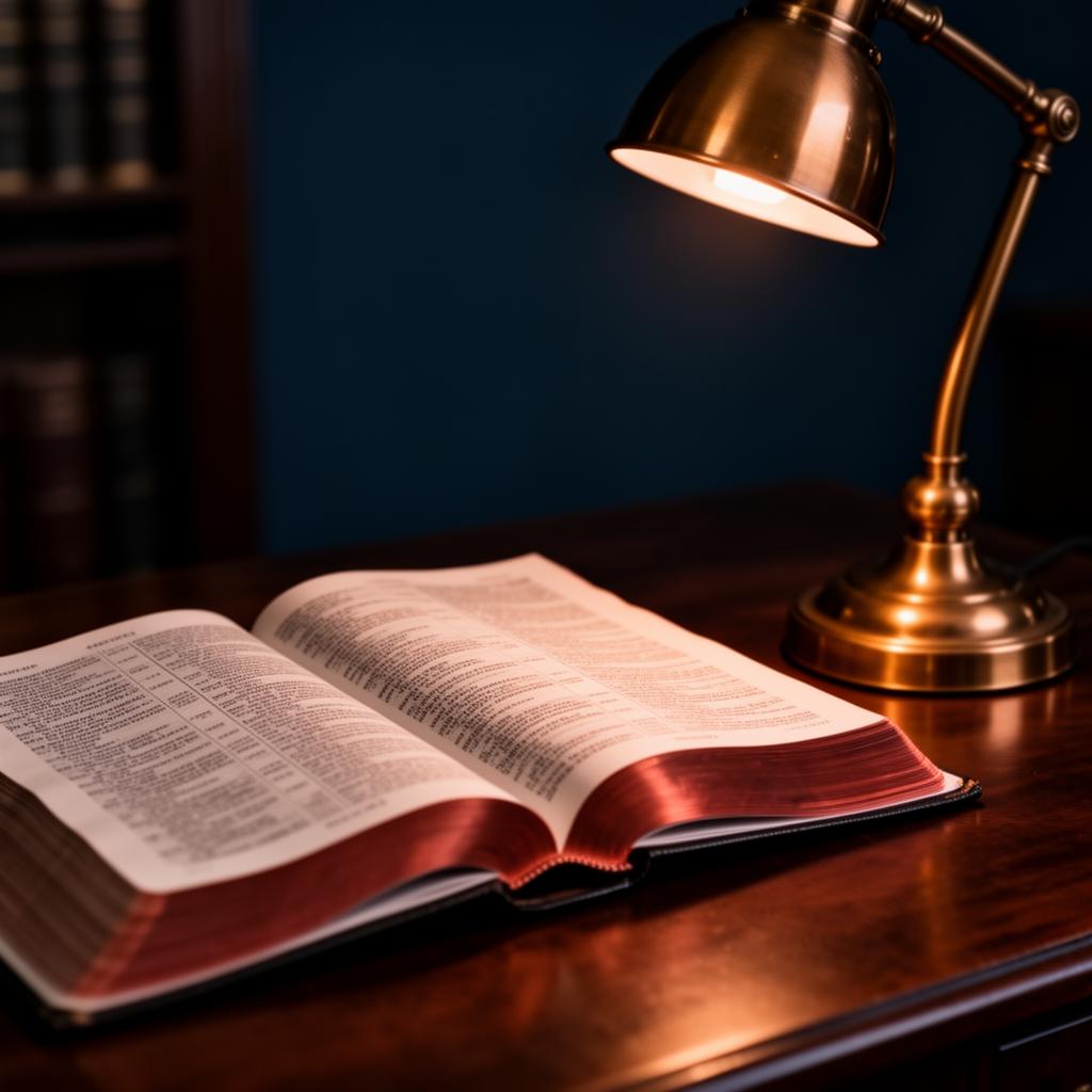 Law book under brass lamp